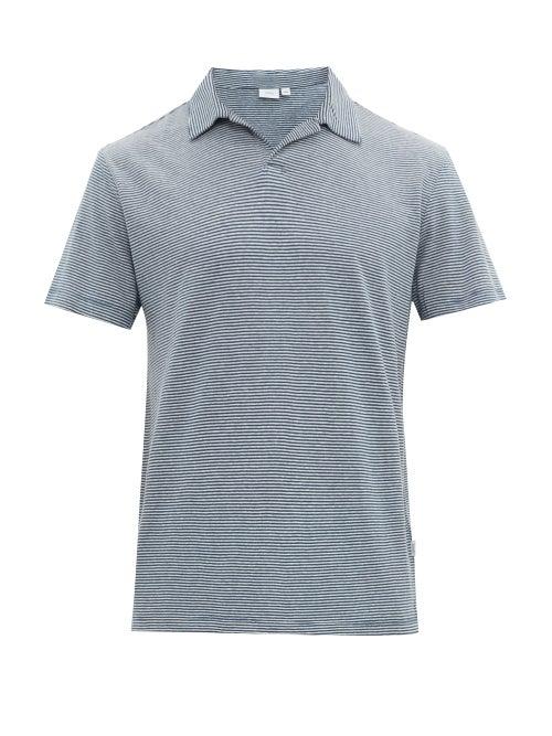 Matchesfashion.com Onia - Shaun Striped Open Collar Linen Blend Polo Shirt - Mens - Navy White