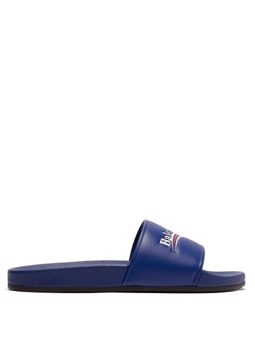 Matchesfashion.com Balenciaga - Logo Leather Slides - Mens - Blue