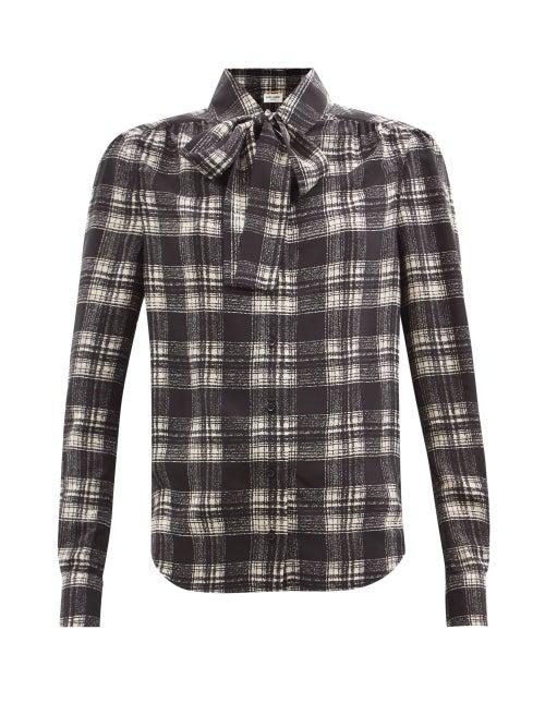 Saint Laurent - Plaid Silk-crepe De Chine Blouse - Womens - Black White