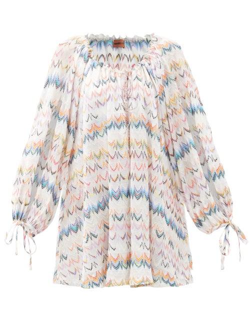 Matchesfashion.com Missoni Mare - Slashed Balloon-sleeve Zigzag-jacquard Coverup - Womens - White Multi