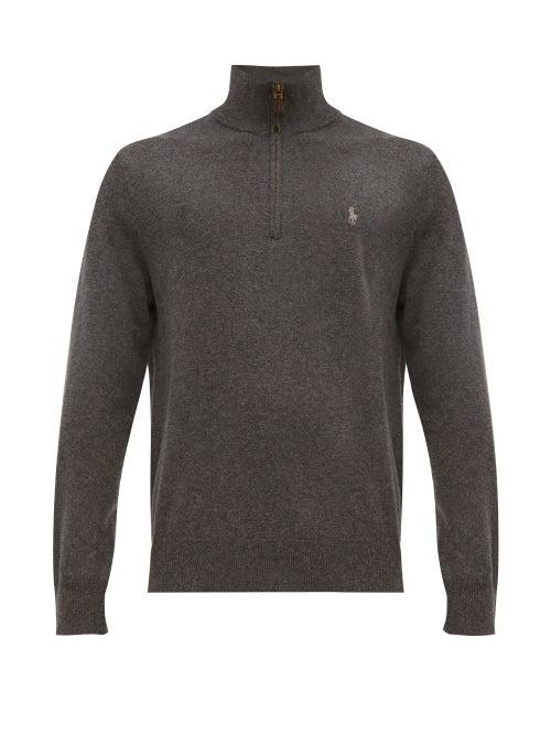 Matchesfashion.com Polo Ralph Lauren - Logo Embroidered Zipped Funnel Neck Merino Sweater - Mens - Grey