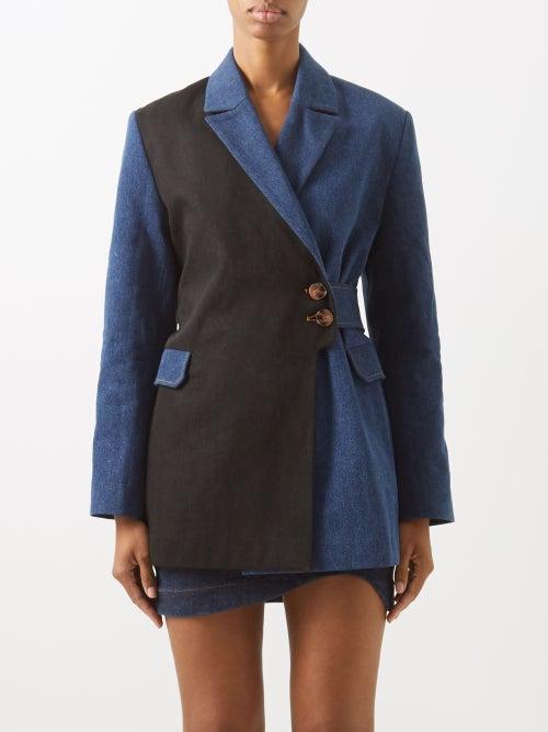 Ganni - X Ahluwalia I-colour Oblique-front Denim Jacket - Womens - Dark Blue