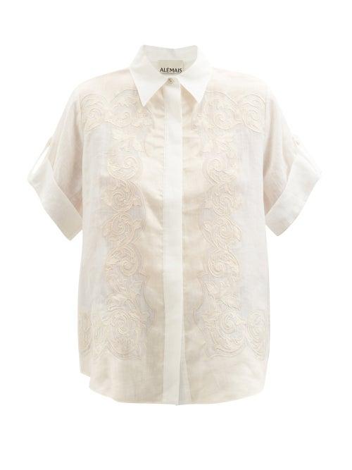 Ale Mais - Burning Love Floral-appliqu Ramie Shirt - Womens - Ivory