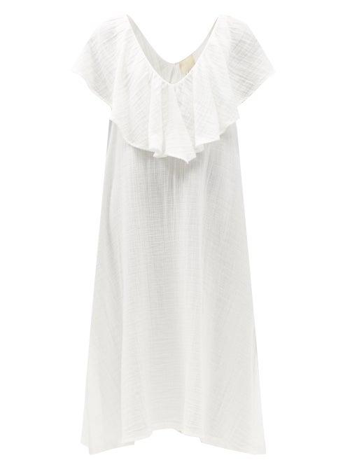 Matchesfashion.com Anaak - Brigitte Ruffled V-neck Cotton Dress - Womens - White