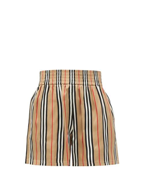 Matchesfashion.com Burberry - Marsett Icon-striped Silk Shorts - Womens - Beige Multi