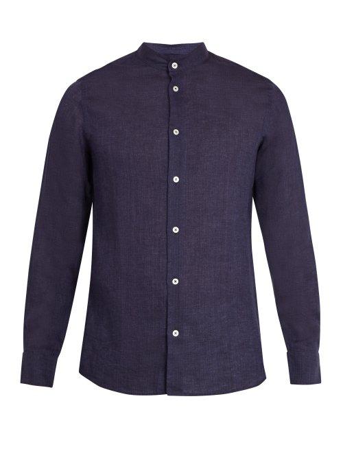 Matchesfashion.com Frescobol Carioca - Granddad Collar Linen Shirt - Mens - Navy