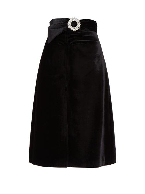 Matchesfashion.com Miu Miu - Crystal Buckle Front Slit Velvet Skirt - Womens - Black