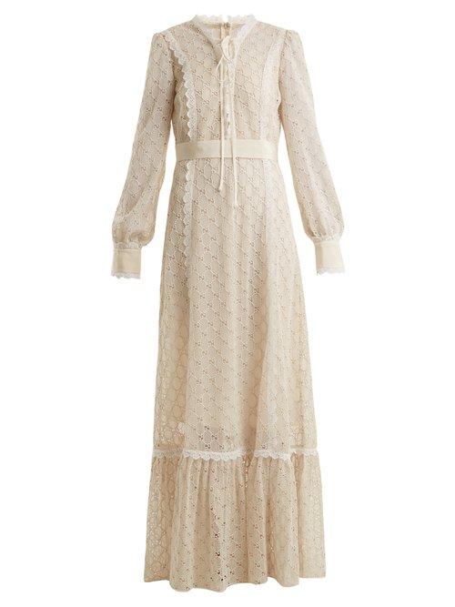 Matchesfashion.com Gucci - Logo Macram Lace Trimmed Cotton Blend Gown - Womens - Ivory
