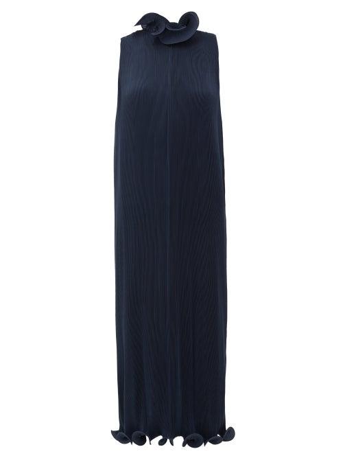 Matchesfashion.com Tibi - Ruffled Pliss Midi Dress - Womens - Navy