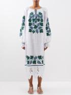 Vita Kin - Tarvia Floral-embroidered Linen Midi Dress - Womens - White Green