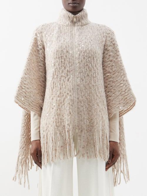 Brunello Cucinelli - Zipped Sequinned Mohair-blend Poncho - Womens - Light Beige