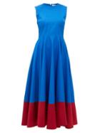 Matchesfashion.com Roksanda - Athena Contrast-hem Cotton-poplin Midi Dress - Womens - Blue Multi