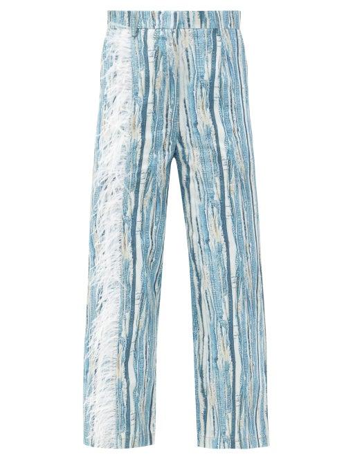 Matchesfashion.com Thebe Magugu - Feather-trimmed Shredded Denim-print Cotton Jeans - Womens - Blue Stripe