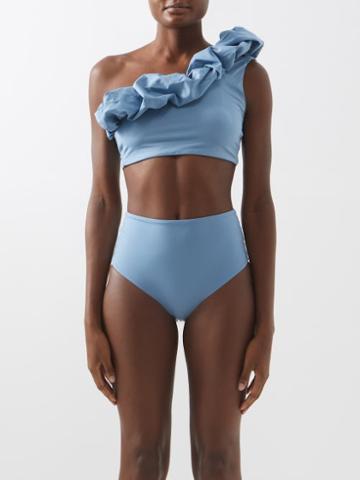 Maygel Coronel - Merly One-shoulder Ruffled Bikini - Womens - Light Blue