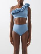 Maygel Coronel - Merly One-shoulder Ruffled Bikini - Womens - Light Blue