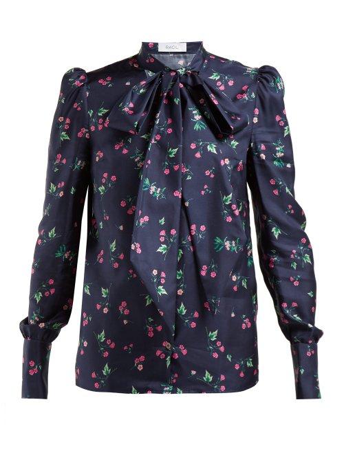 Matchesfashion.com Racil - Agata Pussy Bow Silk Blouse - Womens - Navy Multi