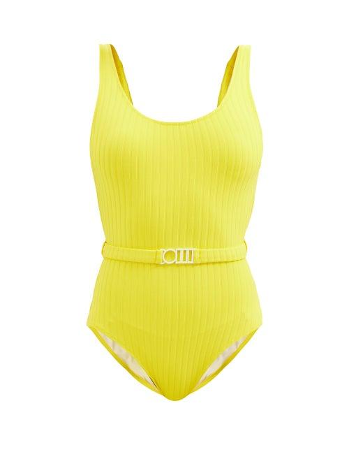 Ladies Beachwear Solid & Striped - The Anne-marie Belted Ribbed Swimsuit - Womens - Yellow