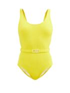 Ladies Beachwear Solid & Striped - The Anne-marie Belted Ribbed Swimsuit - Womens - Yellow