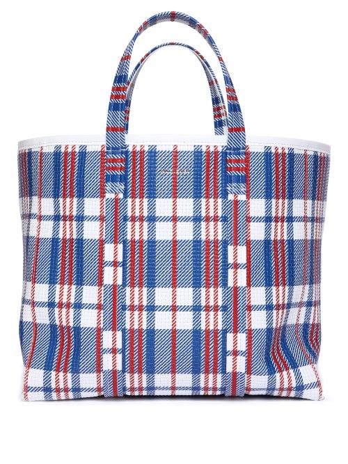 Balenciaga - Barbes Checked Woven-leather Tote Bag - Womens - Blue White
