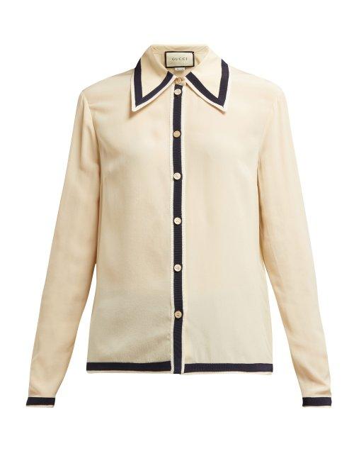 Matchesfashion.com Gucci - Grosgrain Trimmed Silk Crepe De Chine Blouse - Womens - Ivory Multi