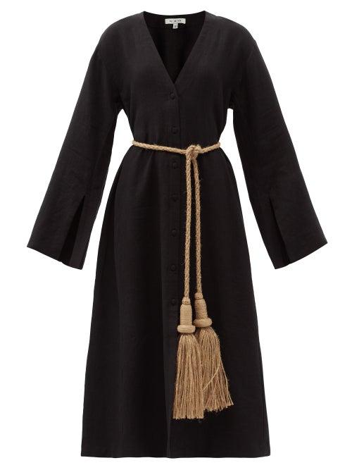 Matchesfashion.com Fil De Vie - Skoura Belted Linen Kaftan - Womens - Black