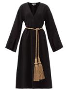 Matchesfashion.com Fil De Vie - Skoura Belted Linen Kaftan - Womens - Black