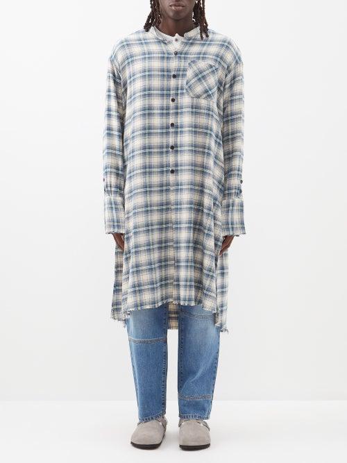 Greg Lauren - Christian Studio Long-length Check Cotton Shirt - Mens - Blue