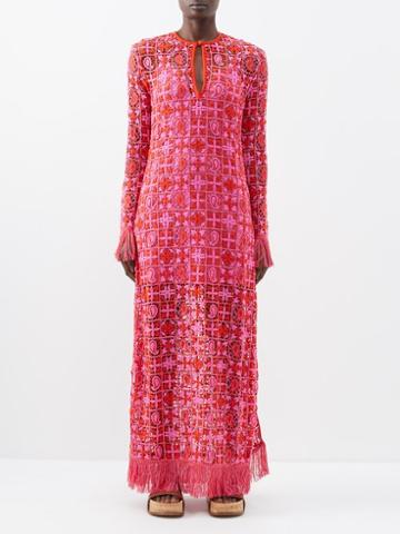 Etro - Crocheted Fringed-edge Maxi Dress - Womens - Red Orange