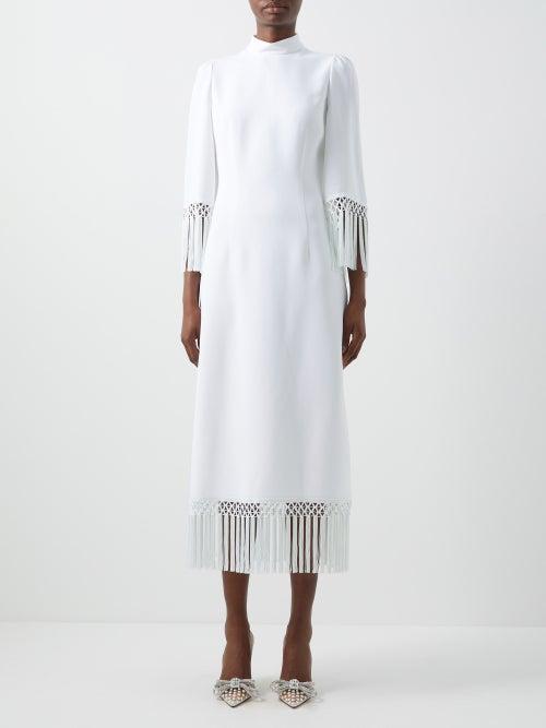 Andrew Gn - Macram-fringed Crepe Midi Dress - Womens - Off White