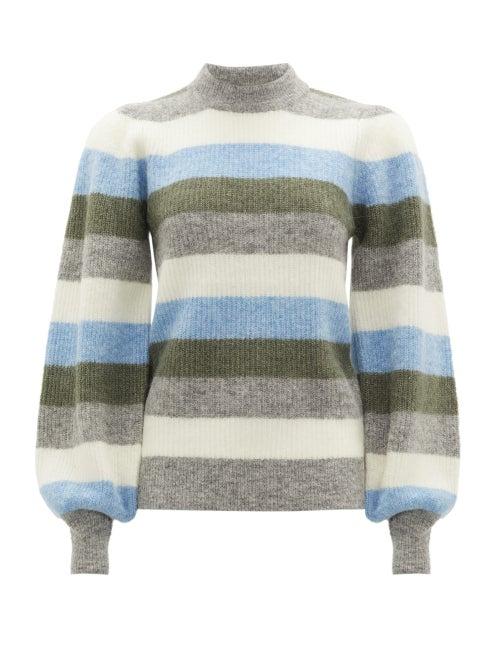 Matchesfashion.com Ganni - Balloon-sleeve Striped Wool-blend Sweater - Womens - Blue Multi