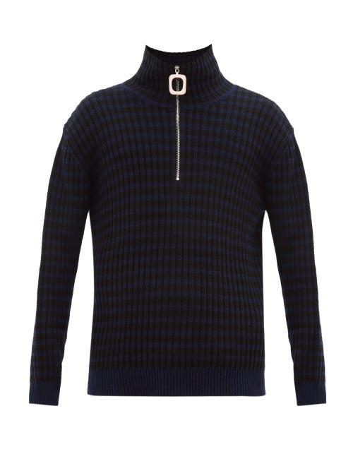 Matchesfashion.com Jw Anderson - Striped Quarter-zip Wool-blend Sweater - Mens - Navy