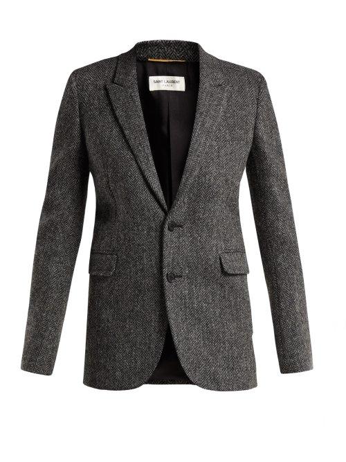 Matchesfashion.com Saint Laurent - Herringbone Wool Tweed Blazer - Womens - Grey White
