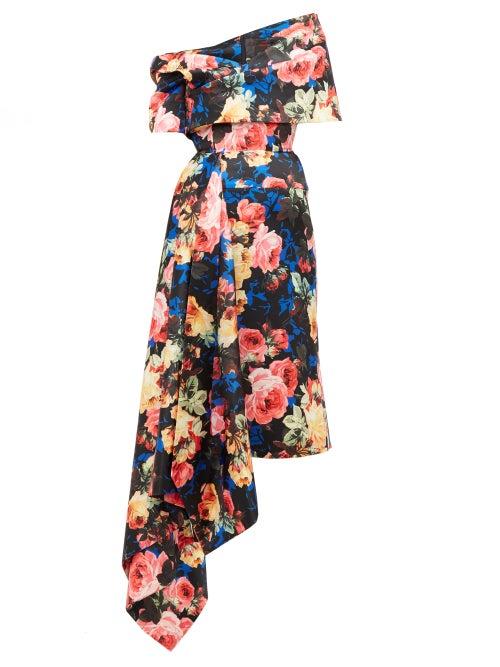 Matchesfashion.com Richard Quinn - Off The Shoulder Asymmetrical Floral Satin Dress - Womens - Blue Multi