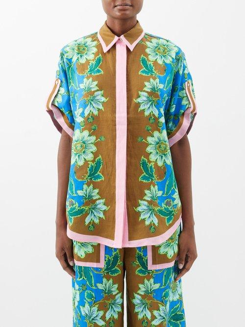 Ale Mais - Winnie Floral-print Linen Short-sleeved Shirt - Womens - Cobalt Blue
