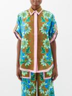 Ale Mais - Winnie Floral-print Linen Short-sleeved Shirt - Womens - Cobalt Blue