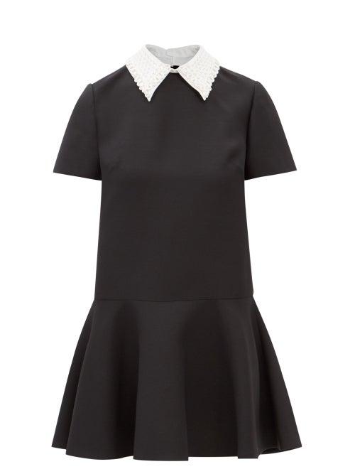 Valentino - Embroidered Point-collar Wool-blend Crepe Dress - Womens - Black White