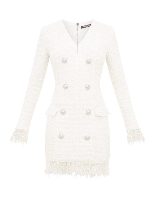 Matchesfashion.com Balmain - Double Breasted Boucl Tweed Mini Dress - Womens - White