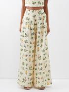 Agua By Agua Bendita - Pinon Botanical-print Linen Wide-leg Trousers - Womens - Ivory Multi