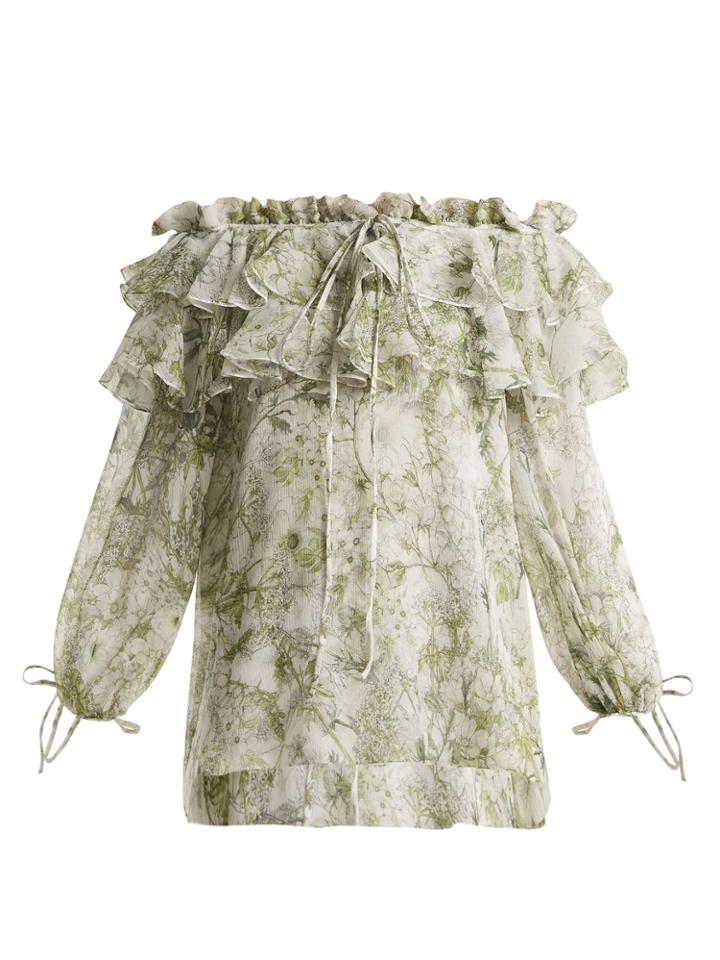 Alexander Mcqueen Floral-print Off-the-shoulder Silk Top