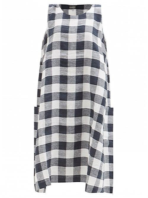 Eskandar - Scoop-neck Gingham-check Linen Dress - Womens - Navy