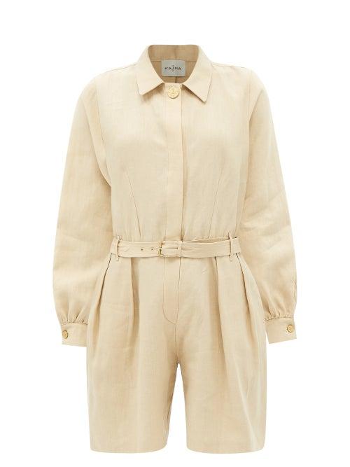 Le Kasha - Belted Linen Playsuit - Womens - Beige