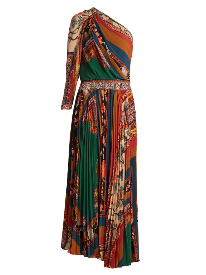 Etro Julsung Patchwork-print One-shoulder Pleated Gown
