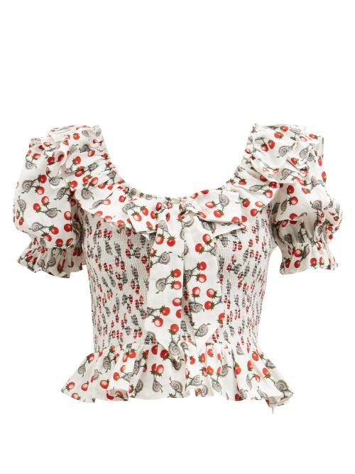 Muzungu Sisters - Frida Ruffled Snail-print Linen Top - Womens - White Print