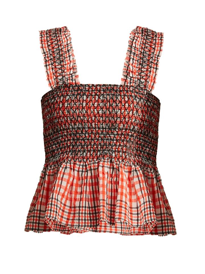Ganni Charron Tartan Seersucker Smocked Top
