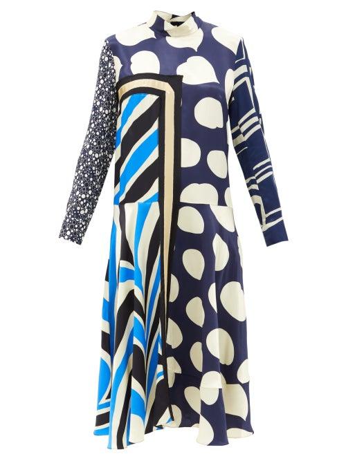 Matchesfashion.com Marni - Patchwork Satin Dress - Womens - Navy Multi