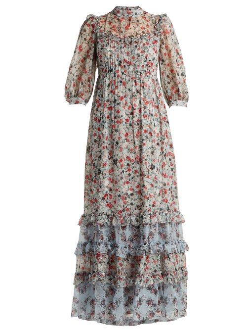 Matchesfashion.com Erdem - Tricia Keiko Disty Print Silk Voile Dress - Womens - Blue Print