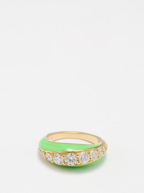 Melissa Kaye - Remi Diamond, Enamel & 18kt Gold Ring - Womens - Green Multi