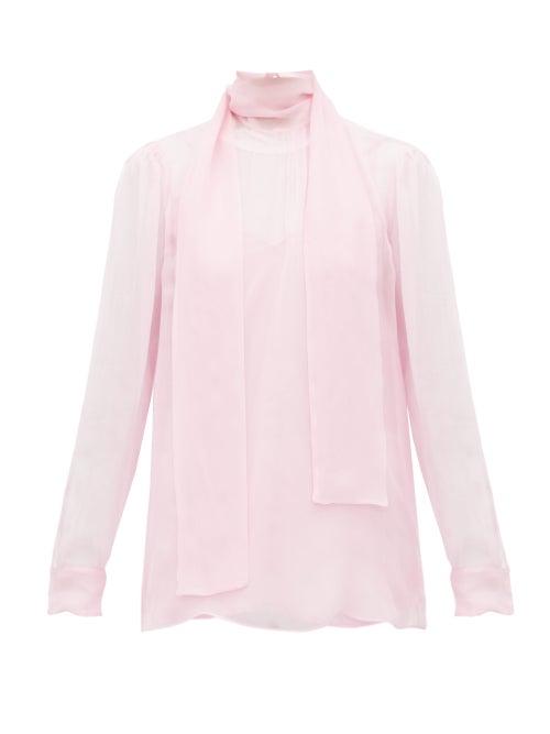 Matchesfashion.com Valentino - Tie Neck Sheer Chiffon Blouse - Womens - Light Pink