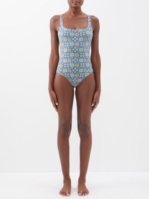 Etro - Square-neck Floral-print Swimsuit - Womens - Blue Print