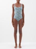Etro - Square-neck Floral-print Swimsuit - Womens - Blue Print